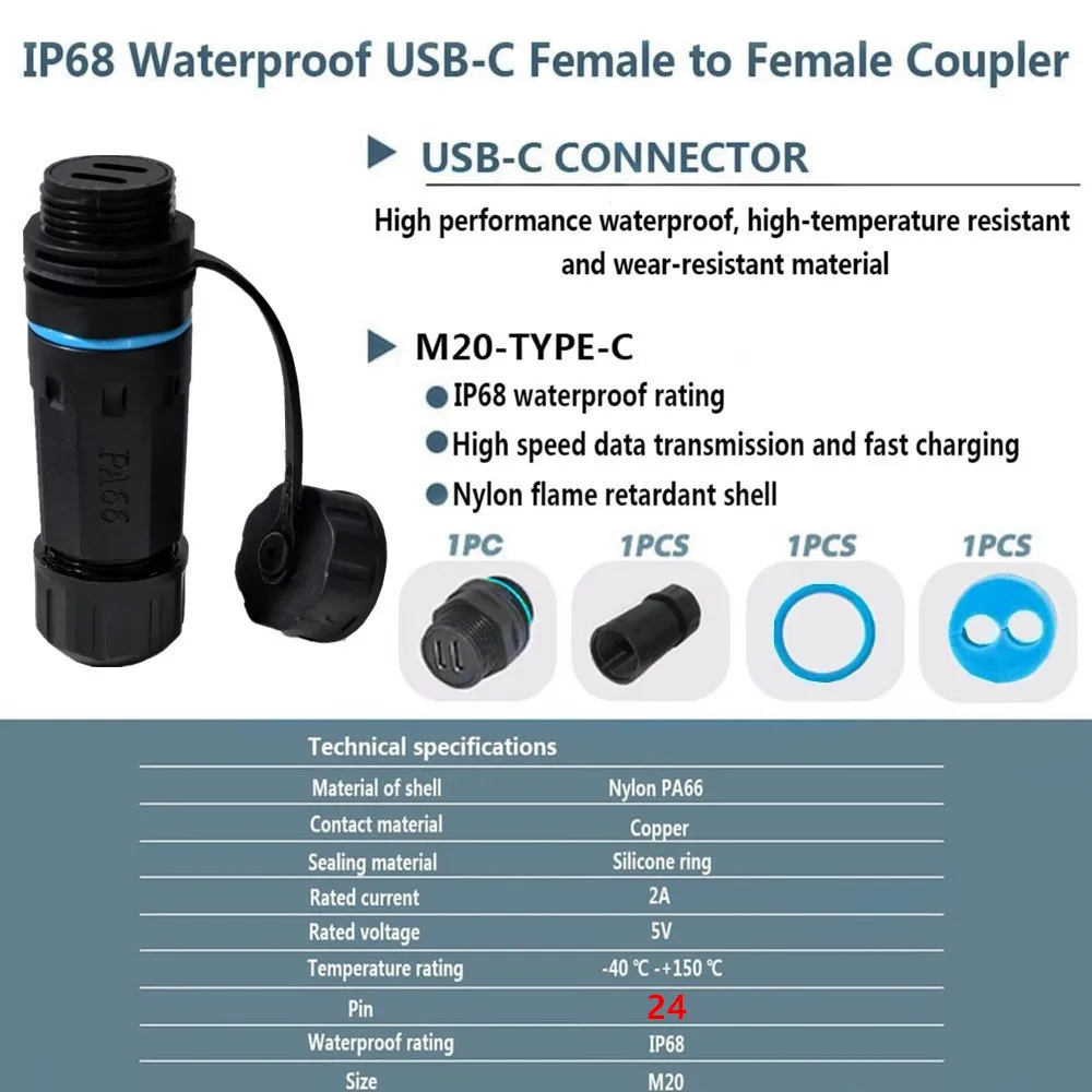 Porta singola impermeabile da 10 Gpbs direttamente attraverso sedile femminile impermeabile TYPE C 3.1 con copertura flangiata M20 giunto impermeabile esterno