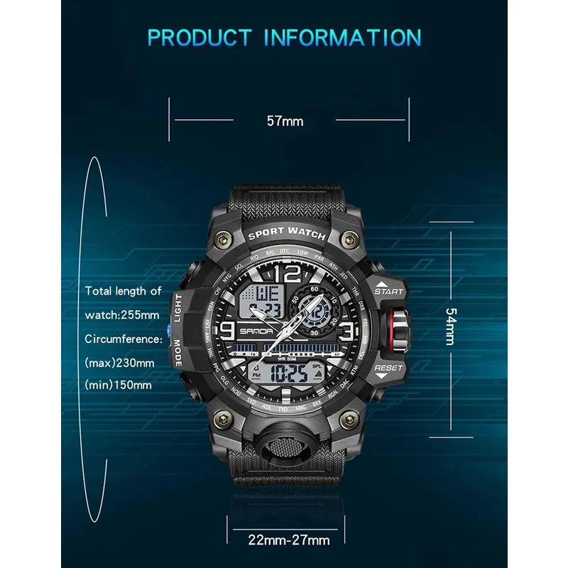 SANDA Digitale Outdoor-Uhr Männer Militär Armee Sport Chronograph Quarz Armbanduhr Original 50 m Wasserdichte Männliche Elektronische Uhr