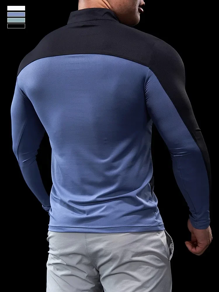 Men Spring Autumn Long-sleeved Tights Fitness Clothes POLO Shirt Half-zip Quick-drying Elastic Sports Thin Running Gym Top