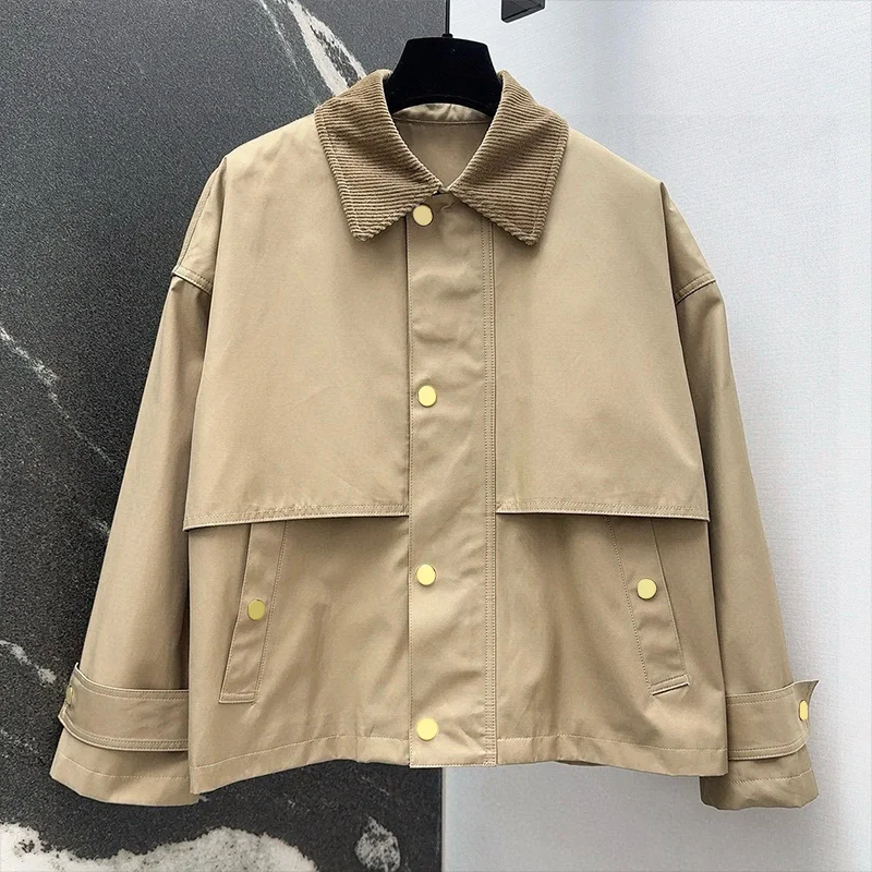 

High quality Women's casual loose-fitting coat with corduroy collar and stitched polyester cotton fabric jacket 25120511