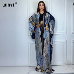 WINYI 프린트 기모노 루즈 드레스, 여성용 루즈 가디건, 비치 의상, 카프탄 비키니 커버 업, 파티 원피스 롱 다운 코트