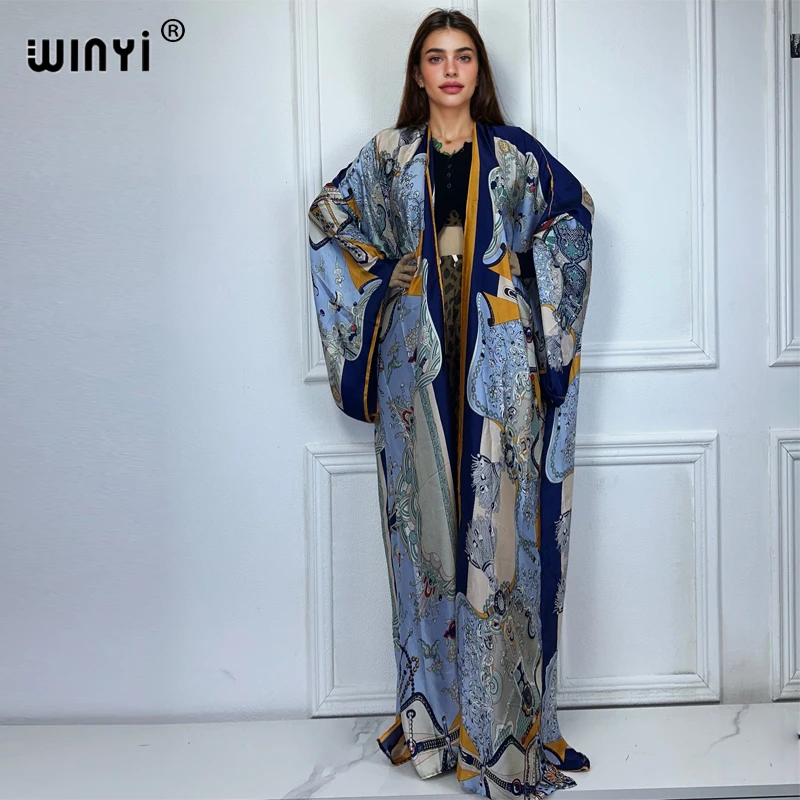 WINYI print Kimonos loose dresses for woman loose Cardigans beach outfits kaftan bikinis cover up party dress long down coat