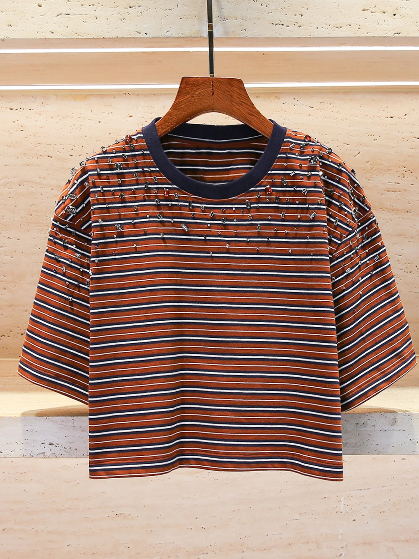 

S Home South Oil High End Women's Casual Design Heavy Du Diamond Stripe T-irt Top Summer Commute Sle Loose Fit ort Sl...