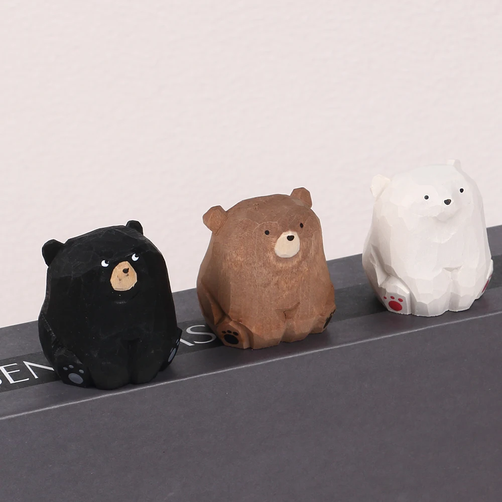 Mini estatuilla de oso de madera hecha a mano, figuras de animales de oso Polar en miniatura, decoración del hogar y la Oficina, trabajo de tallado artístico