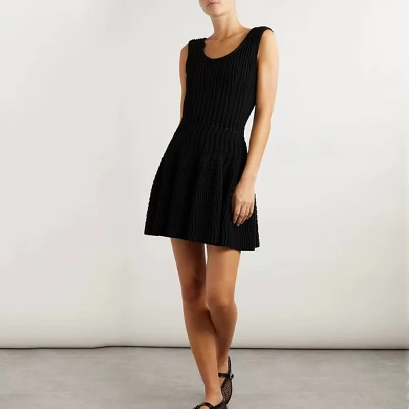 Abito da donna in cotone lavorato a maglia Mini abito senza maniche con scollo a V a trapezio