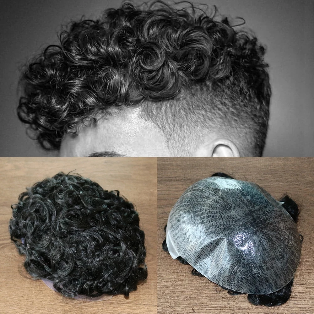 

Human Hair Toupee For Men 20MM Afro Curly Wig Super Thin Skin Jet Black Replacement System Microskin PU Capillary Prosthesis