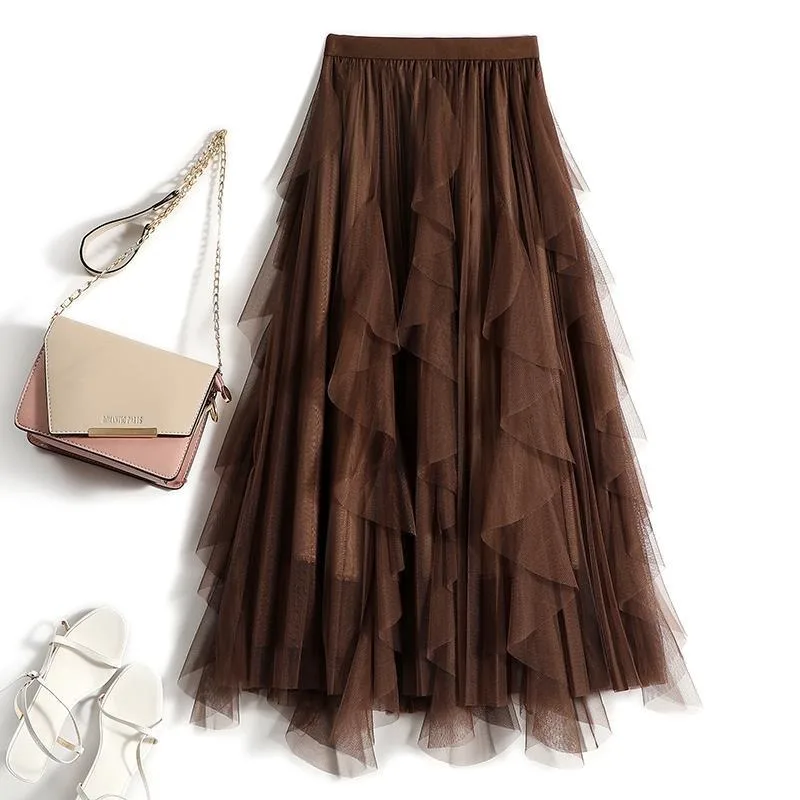 Autumn New High Waist Irregular Stitching High-End Mesh Skirt Womens Mid-Length Large Hem Pleated Skirt A- Line Skirt