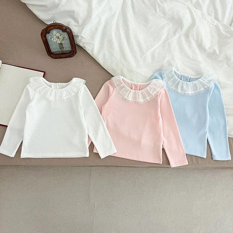 Toddler Cotton Tops 1-6Yrs Baby Clothes Autumn Infant Girls Long Sleeve T-shirts Lace Lotus Collar Princess Kids Bottoming Shirt