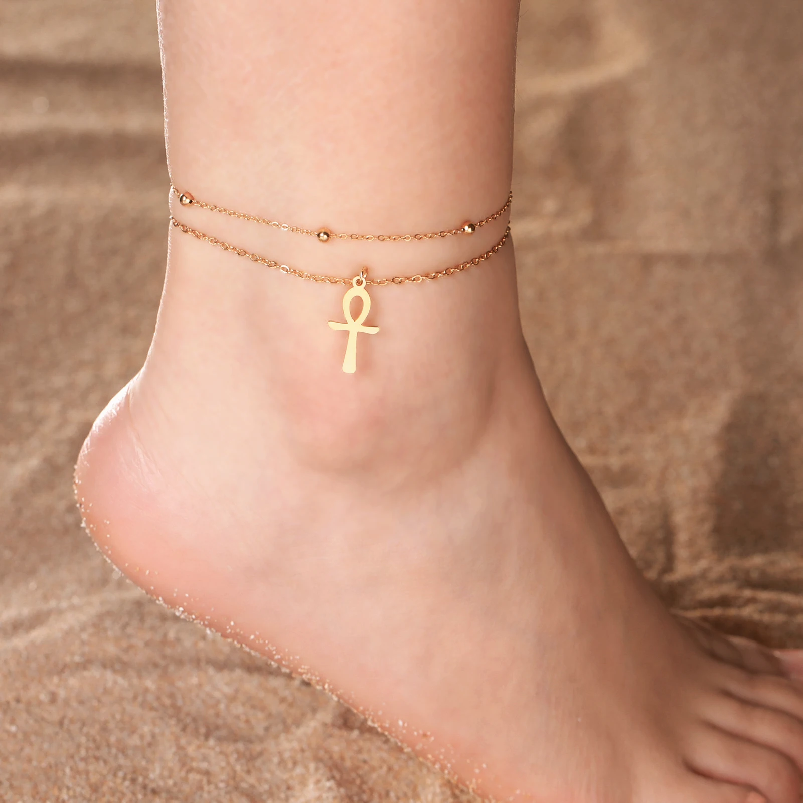 Lucktune Egypt Ankh Cross Anklets Key of Life Anklet Bracelet Stainless Steel Sandals Foot Chain Beach Jewelry for Women Gift