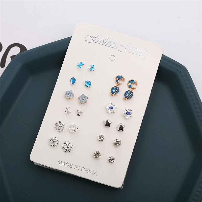 12 Pairs Small Planet Moon Star Stud Earrings Set For Women Simple Geometric Flower Rhinestone Earrings Fashion Party Jewelry