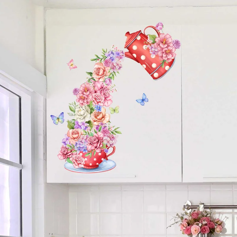 Plant Flower Spray Pot Butterfly Wall Sticker DIY Background Wall Living Room Bedroom Home Decorat Sticker Waterproof Antifoulin