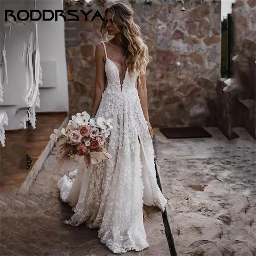 RODDRSYA Vestido De novia De encaje para mujer con hombros descubiertos, corte en A, vestidos De novia De satén, bata De boda elegante con abertura lateral, tren De barrido sin tirantes