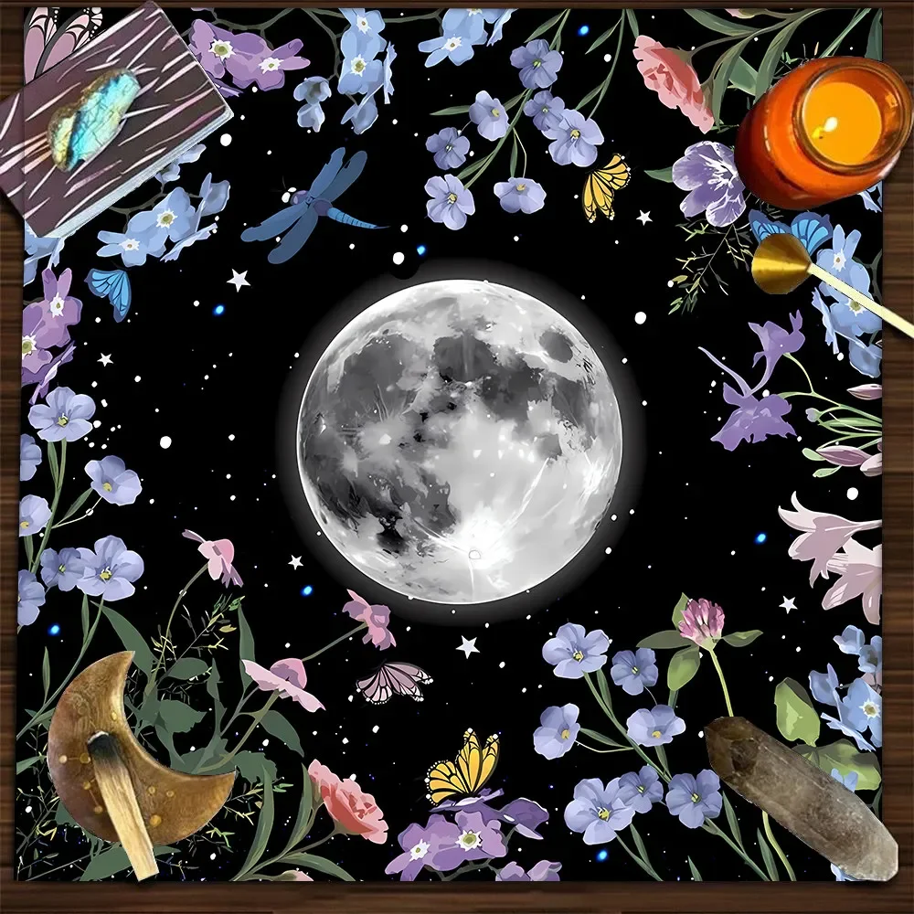 VIKAMA Full Moon Butterfly Dragonfly Floral Tarot Tablecloth Mystical Occult Altar Cloth Divination Mat Durable Home Decor