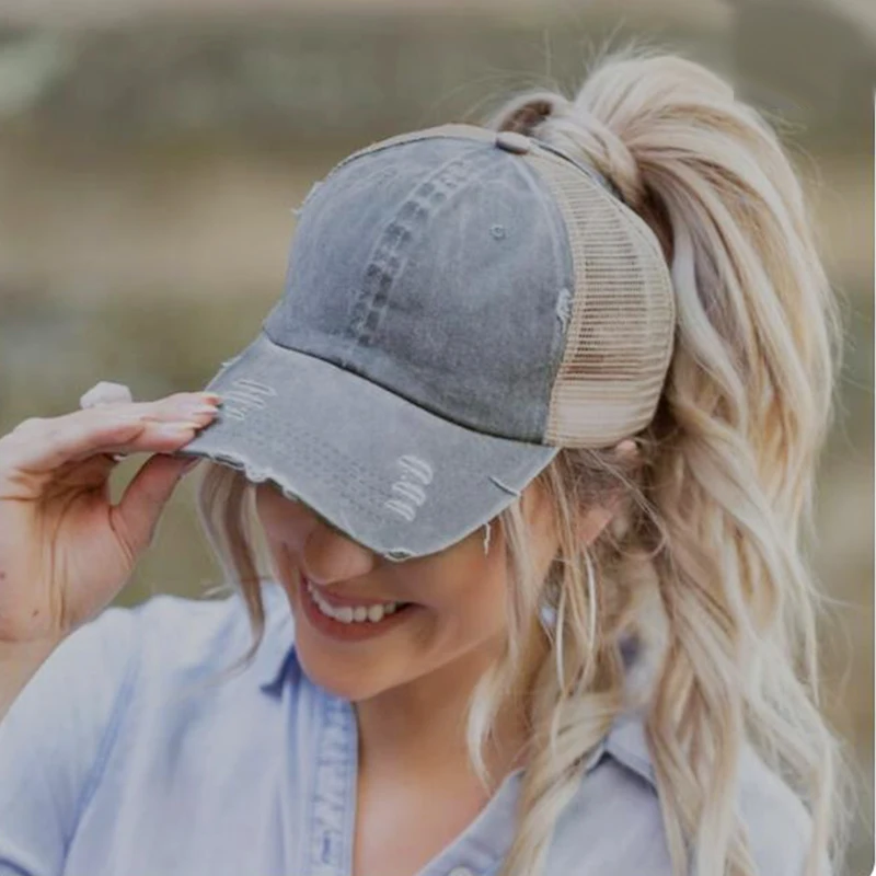 Gorra de béisbol con cola de caballo Vintage para mujer, gorra ajustable con Cierre trasero, gorra de verano desgastada de malla, sombrero para el sol para mujer