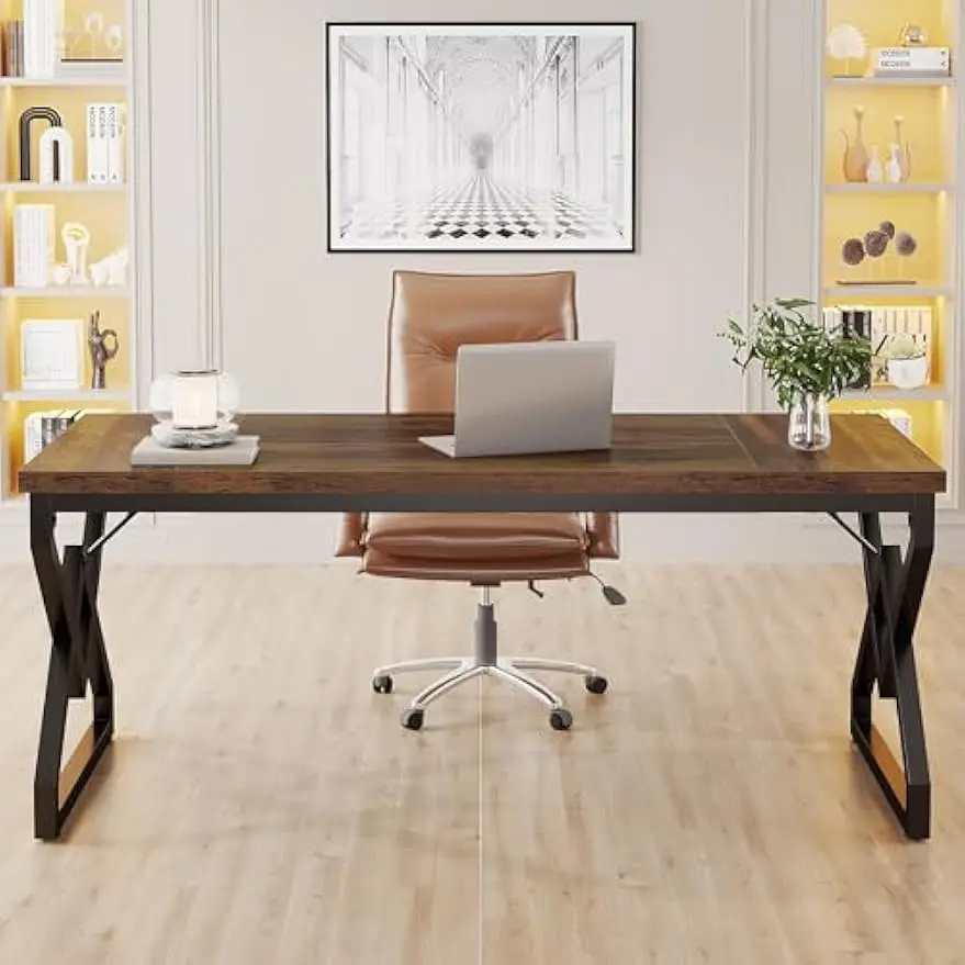 Office Desk with Extra Thickened Wooden Tabletop and Metal Frame, Large 63 Inches Computer Desk Writing Table for Home Office