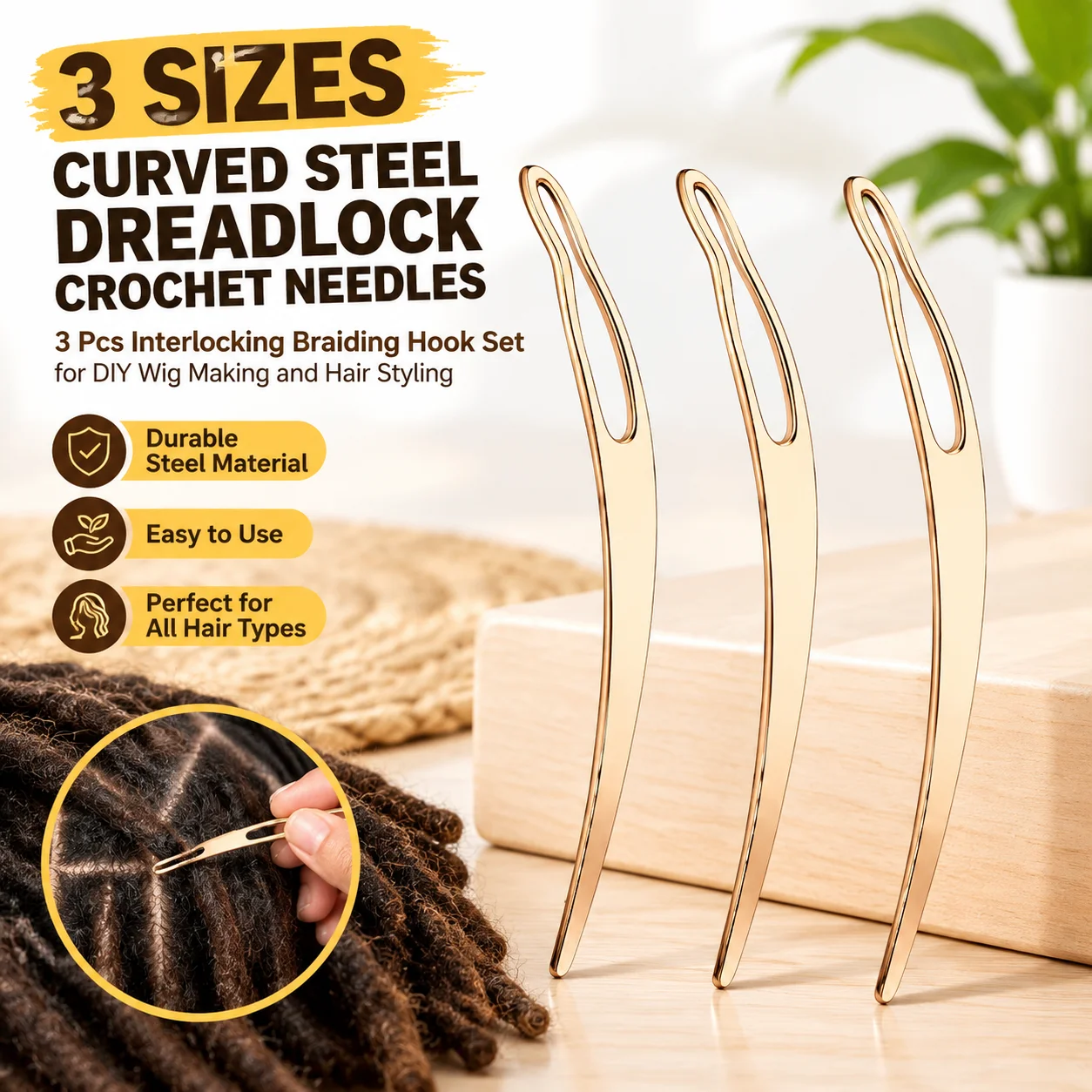 3 Sizes Curved Steel Dreadlock Crochet Needles, 3 Pcs Interlocking Braiding Hook Set for DIY Wig Making and Hair Styling