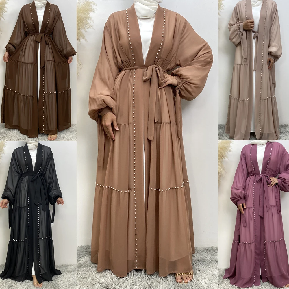 

Beaded Open Abaya Dubai Turkey Spring Summer Party Solid Muslim Fashion Hijab Dress Belted Abayas for Women Kimono Islam Kaftan