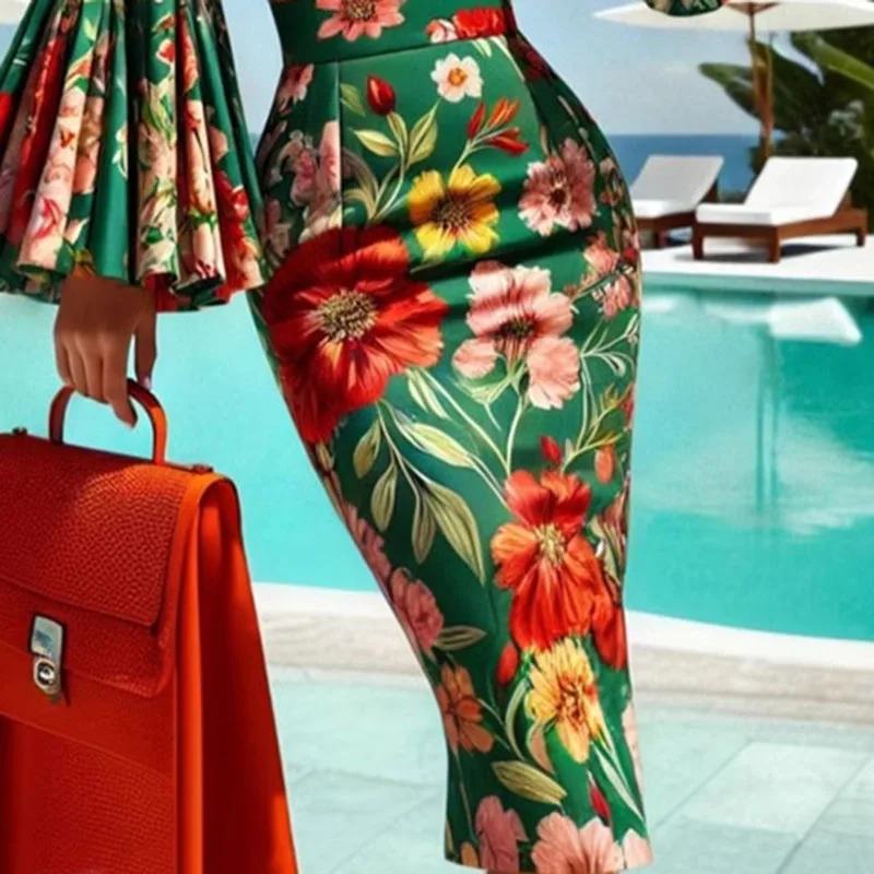 Temperament Evening Dresses Woman Elegant Slim Fit Flower Print Hips Dress Autumn Flare Long Sleeve Ruffle Bodycon Dress Vestido