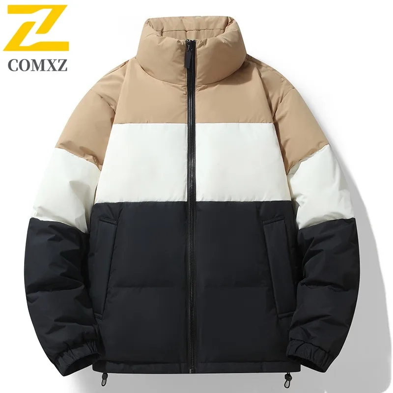 COMXZ Warm Down Jacket Stand Collar Color Block Handsome Camping Quilted Jacket 2025 Lightweight Streetwear Men's Winter Jacket