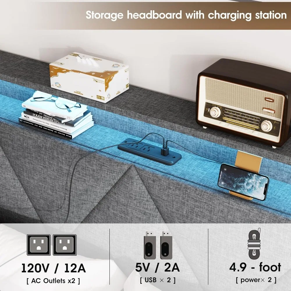 Bingkai tempat tidur ukuran penuh dengan penyimpanan Headboard dan 4 laci, Platform berlapis kain dengan stasiun pengisian dan lampu Led, Headboard dapat disesuaikan