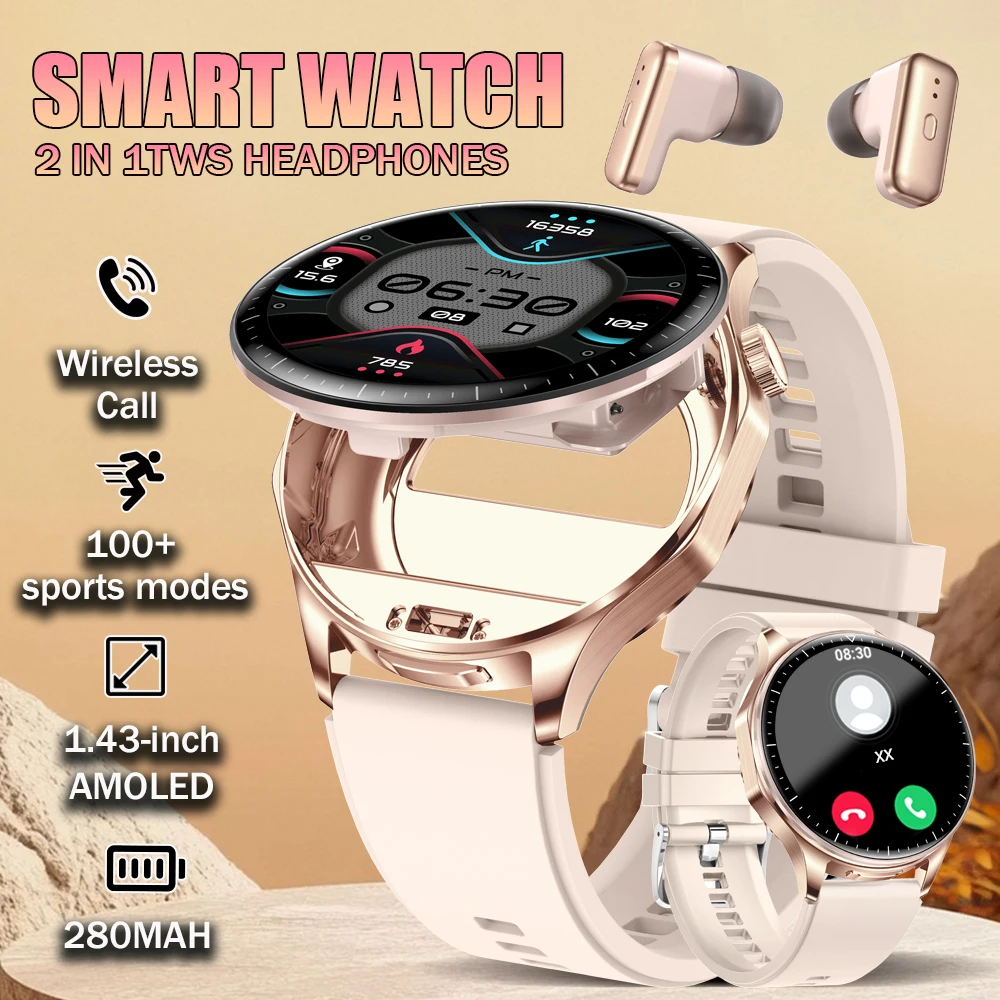

2 In 1 TWS Headset Smart Watch 1.39" Men Women Sport Fitness Heart Rate Health Watches Earphone Noise Reduction Music Smartwatch