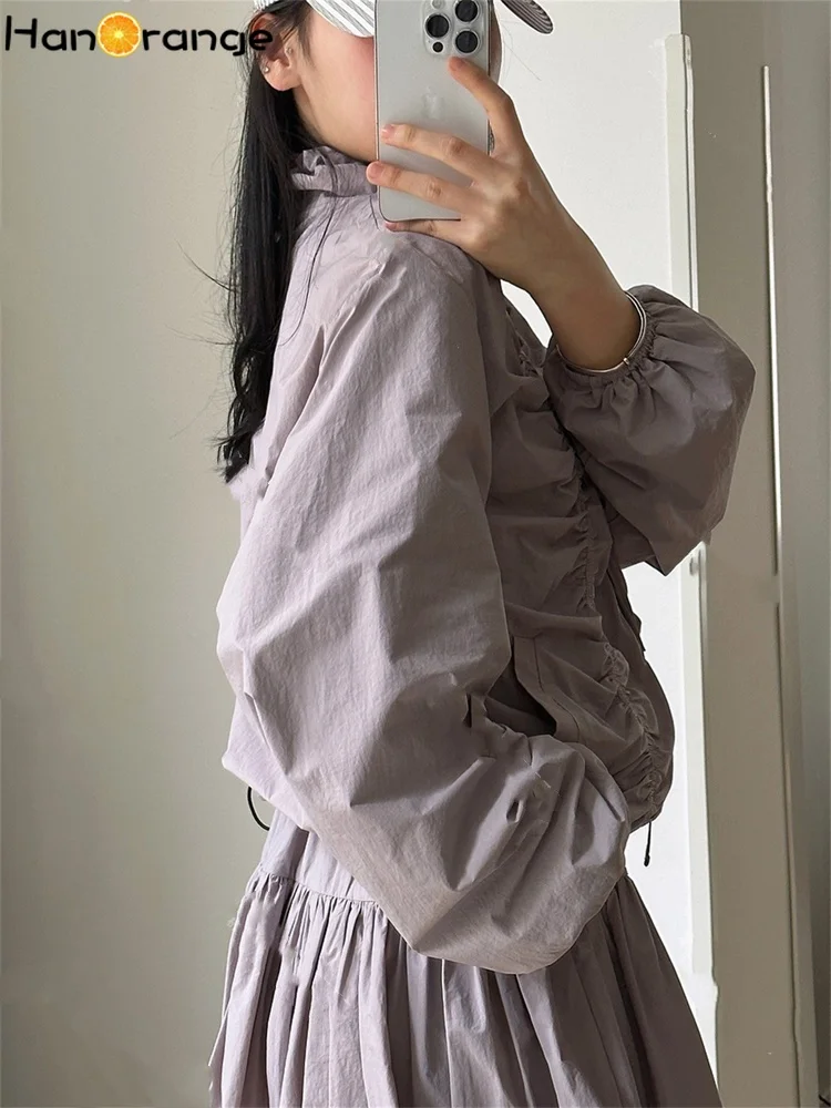 Customization 2026 Spring Age Reducing Stand Up Collar Pleated Jacket Women Thin Lightweight Breathable Outwear Black/Gray Purpl