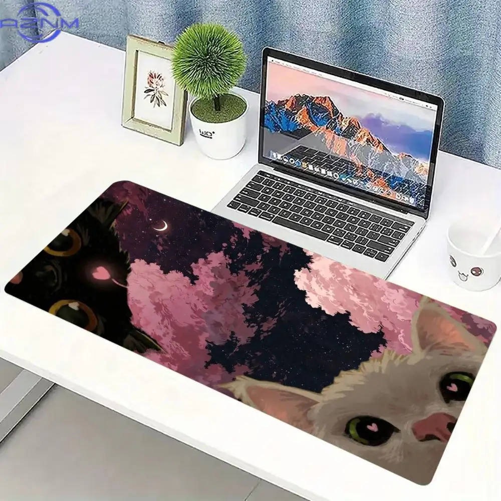 Moon Fluffy Cat Extended Gaming Mouse Pad Non Slip Rubber Keyboard Mat Stitched Edge for Pro E-Sports Gamers Desk Decor
