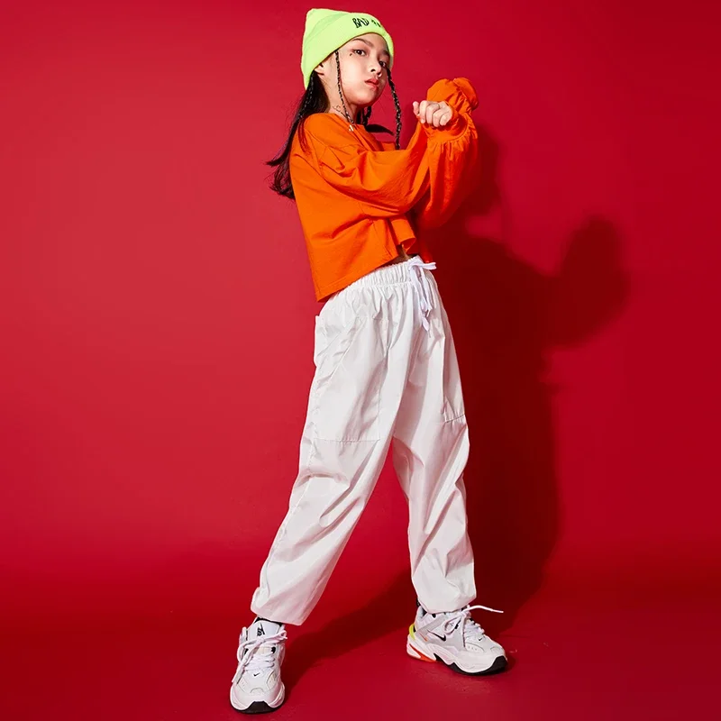 Costume de danse jazz pour filles, vêtements de performance pour enfants, sweat-shirt hip hop, haut court, manches longues, pantalon de jogging blanc