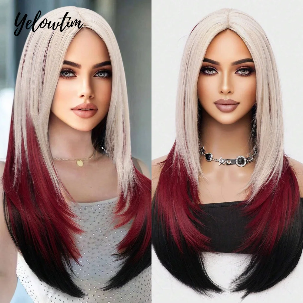 

Yelowtim Long Straight Hair Wig Blonde And Red Black Wig (White Christmas) Elegant Simple Chemical Fiber Heat Resistant Wig