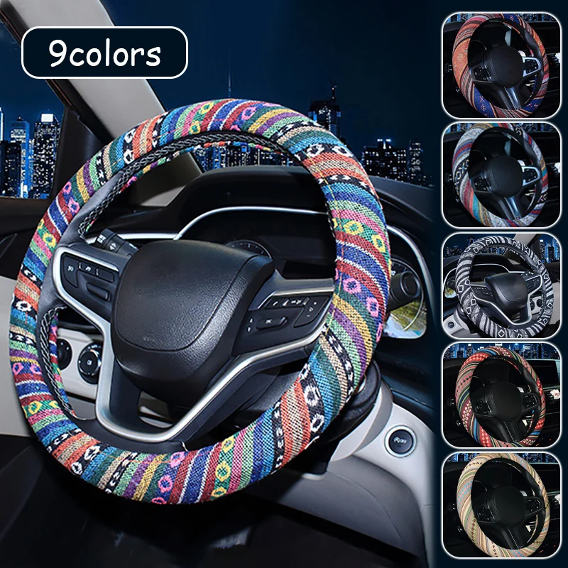 

Linen Ethnic Style Car Steering Wheel Cover Personality Trend Car Handle Cover Four Seasons Auto Universal Interior Accessories