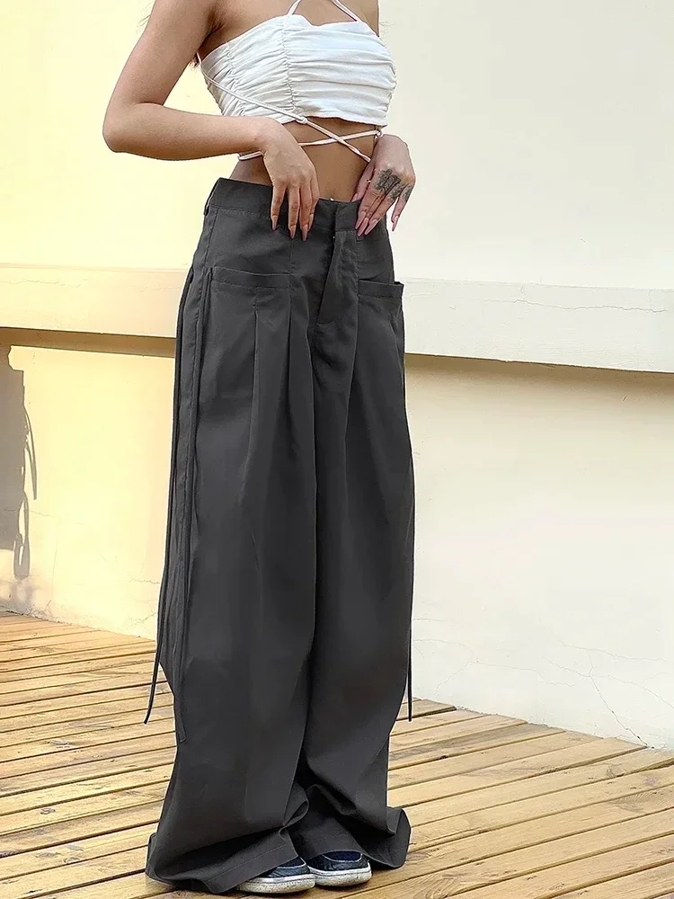 Vintage Wide Leg Pants Women Gray High Waist Y2k Streetwear Casual Suit Pants Korean Loose Office Lady Trousers