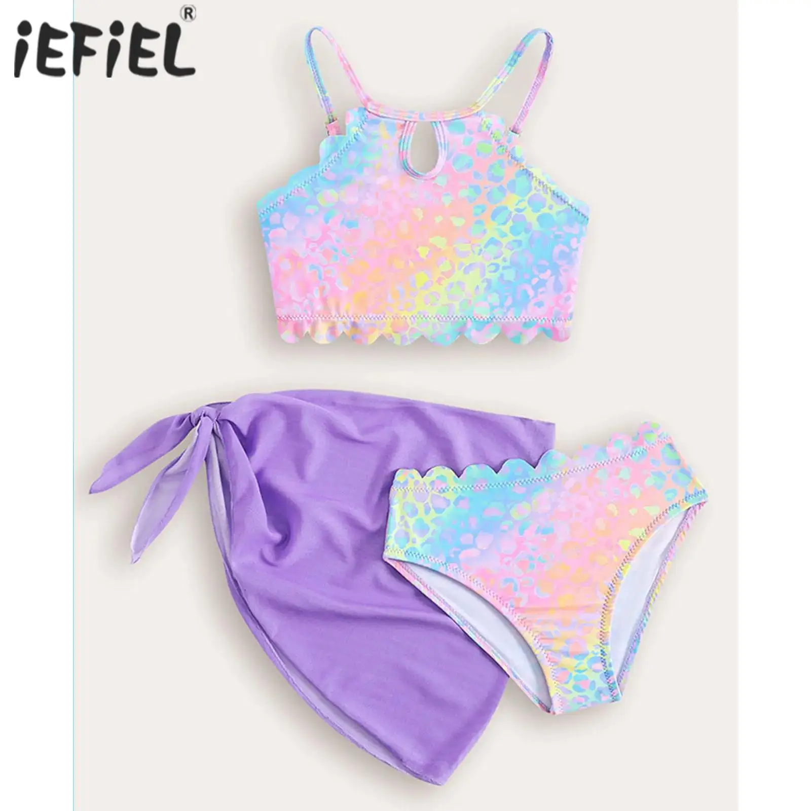 Kids Girls 3 Pieces Printed Bikini Swimsuits Swimwear Bathing Suit Waterdrop Top with Briefs and Tie-Up Mesh Skirt Cover-Ups