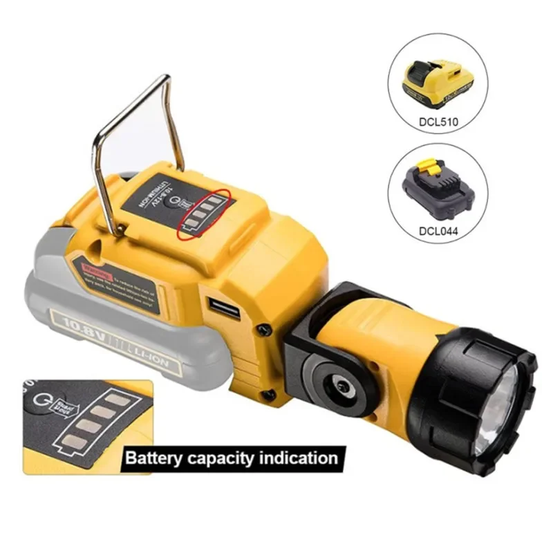 Portable Spotlight LED Warning Light Work Lamp Flashlight USB Charger for Dewalt DCB120 10.8V 12V Li-ion Battery Yellow