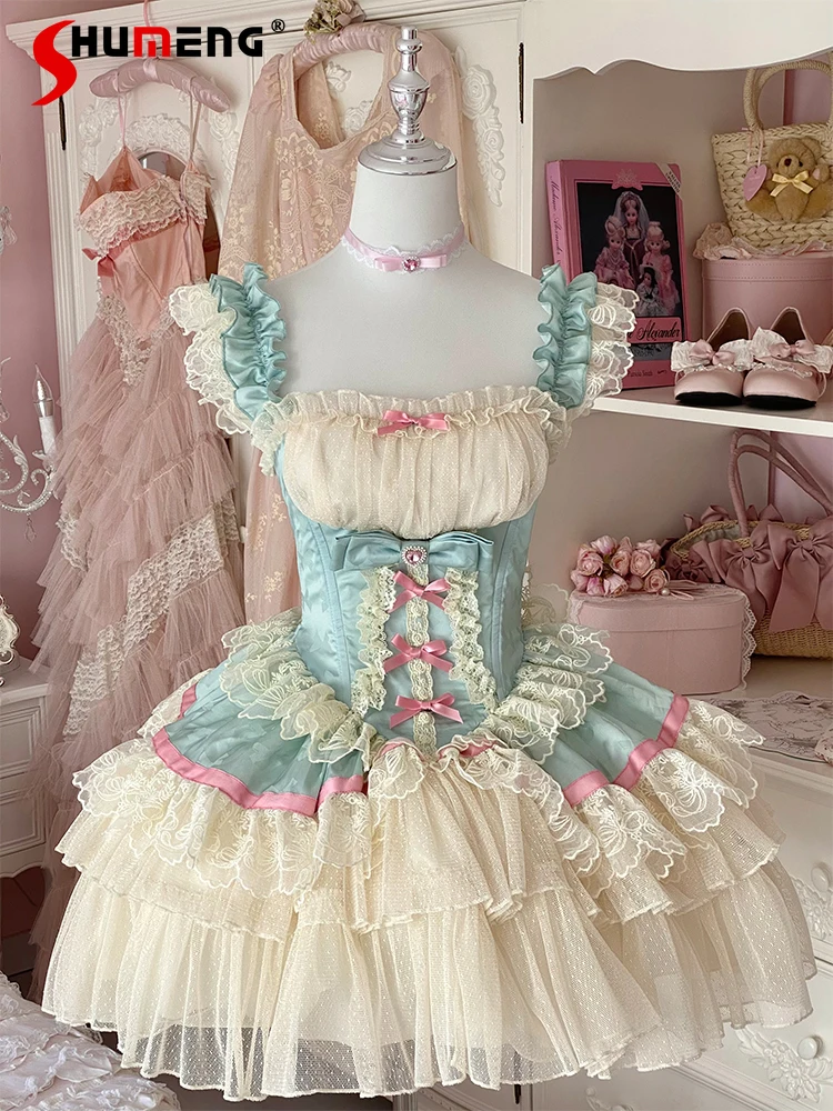 

Sweet Cute Girls Lolita Princess Dresses Ruffles Lace Mesh Splicing Bow Sleeveless High Waist Slim Ball Gown Short Dress Women