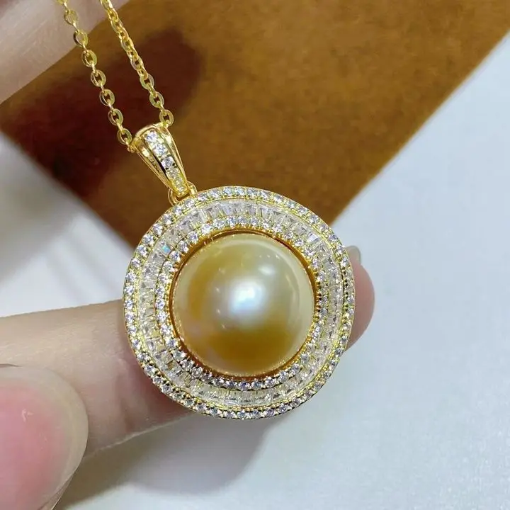 

JCY Pure 925 Sterling Silver Round 11-12mm Fresh Water Gold Pearls Pendants Necklaces for Women Fine Gifts