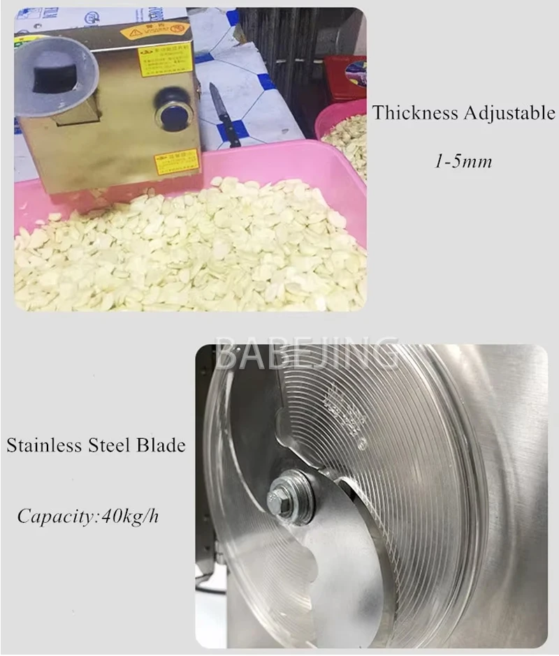 BABEJING Vertikaler kleiner Knoblauchschneider, neue Knoblauch-Ingwer-Schneidemaschine aus Edelstahl, 30–40 kg/h