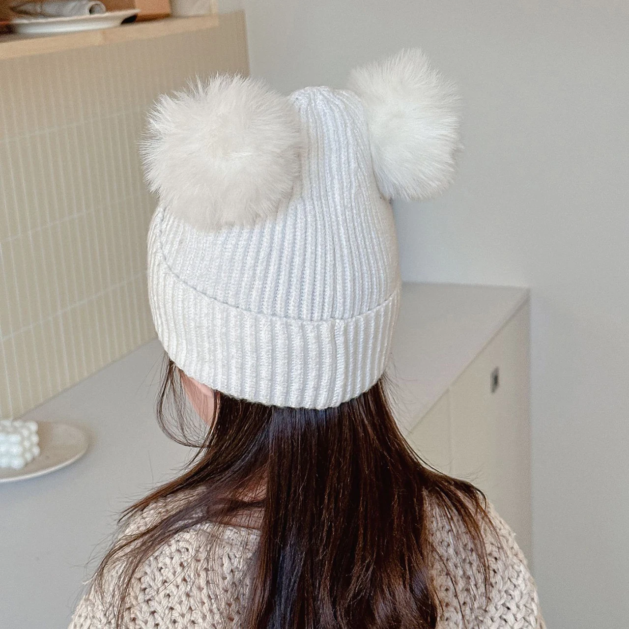 Cute Cartoon Children Knitted Woolen Hat Double Ball Kids Beanie Winter Warm Baby Pullover Cap Imitation Fox Fur Hats 3-6Year