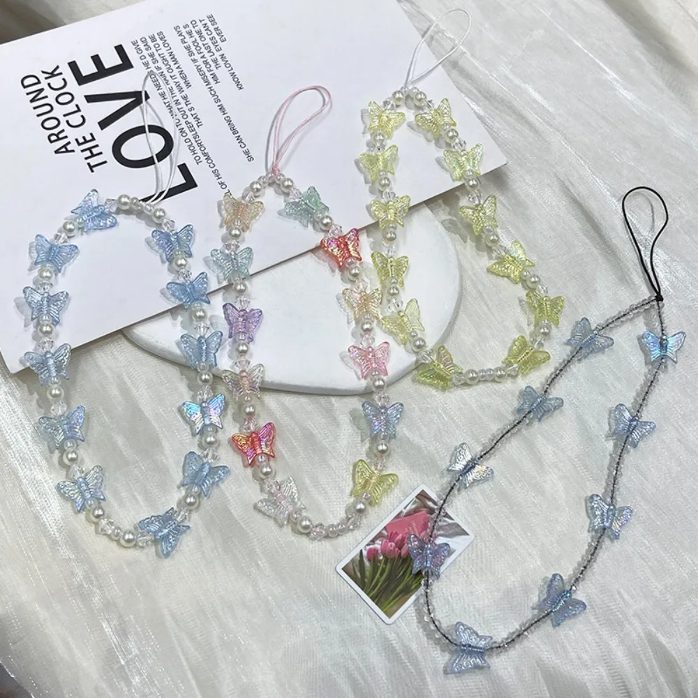 สายคล้องโทรศัพท์มือถือรูปผีเสื้อประดับลูกปัด สไตล์ Y2K ป้องกันการสูญหาย สีลูกกวาด พวงกุญแจโทรศัพท์พลาสติกน่ารัก
