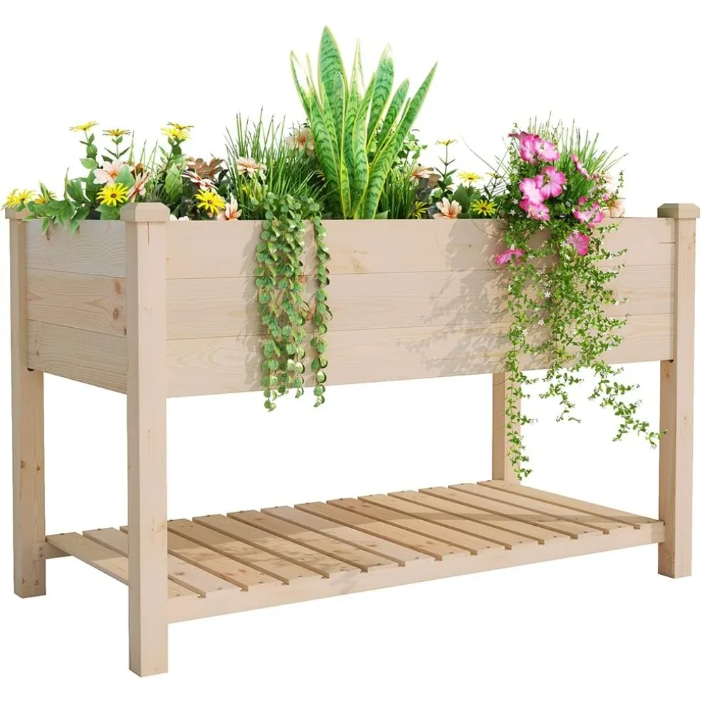 

BIRASIL Outdoor Wood Raised Garden Bed, Elevated Reinforced Large Planter Box with Storage Shelf for Vegetable Flower Backyard P