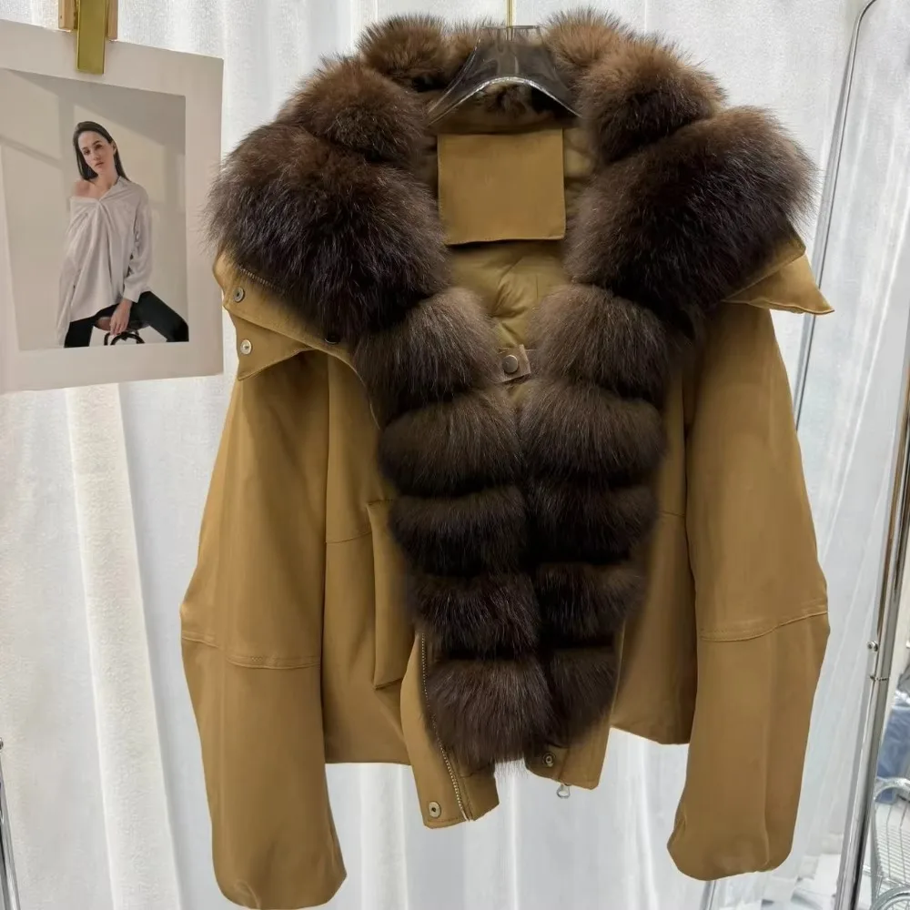 OFTBUY Windproof Fabric Jacket Winter Drawstring Thick Puffer Jacket Woman Women Hooded Large Fox Fur Coat Real Duck Down Parka