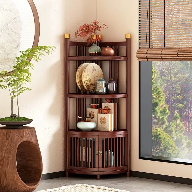 

Bamboo Corner Shelf Triangular Standing Cabinet Chinese Style Multi-Layer Display Rack for Living Room or Hallway Decor