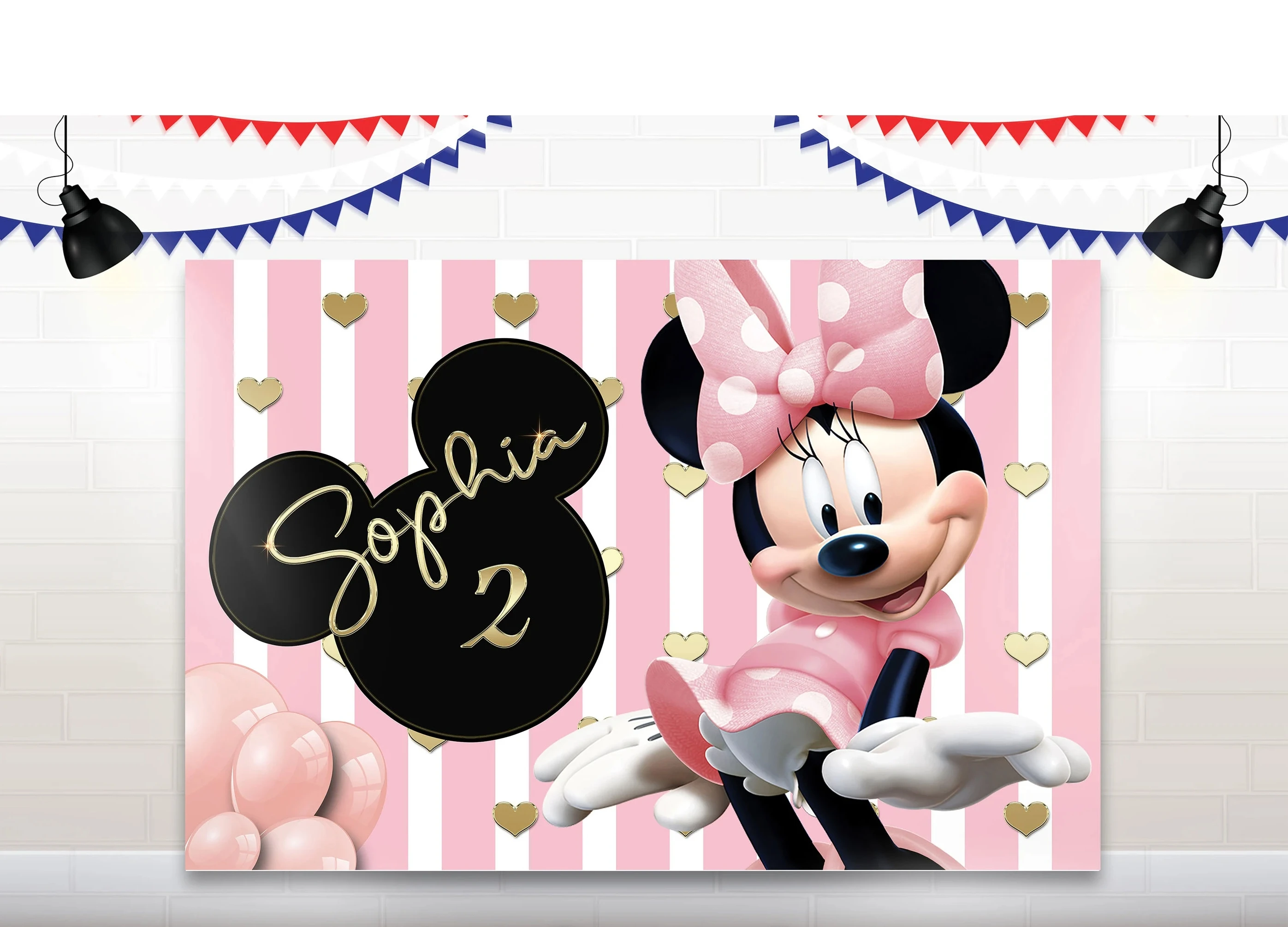 

Minnie Pink Polka Dot Disco Ball Happpy Birthday Background Cloth Children Party Photo Decoration Disney Themed Scenery Banner