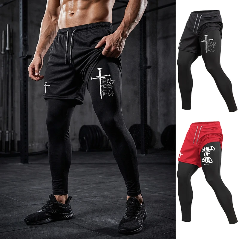 Men's Cross Print Athletic 2 in 1 Compression Pants Spring Fall Gym Workout Fitness Tights Leggings with Phone Pocket Towel Loop