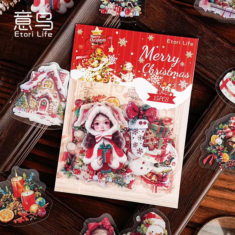 15 pieces per pack Christmas Encounters Series Christmas-themed PET stickers DIY journal scrapbooking planner decoration