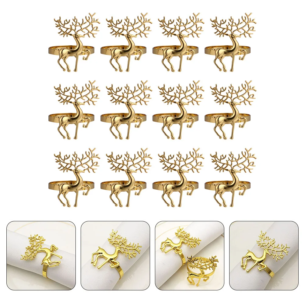 

12 Pcs Reindeer Napkin Rings Christmas Buckle Gold Decor Table Supplies Golden Alloy