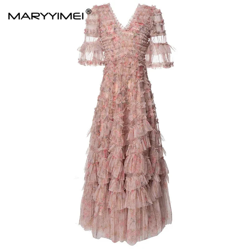 New Runway Designer Women's V-neck Fairy Style Bubble Short Sleeve Wooden Ear Layered Printed Tulle Dress