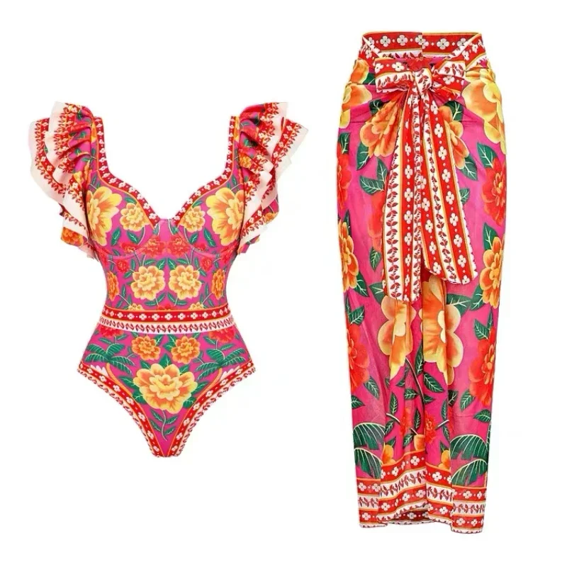 One Piece Women Swimsuit Swimwear Cover-up Swimsuit Ruffle Printed Deep V One-piece Monokini Kimono Bikini Suit Summer Beachwear