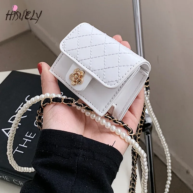 2024 Luxury Mini Leather Bag Women Hanging Neck Camellia Bags Rhombus Earphone/Lipstick/Keys bag Pearls Chain Chest Waist Pack