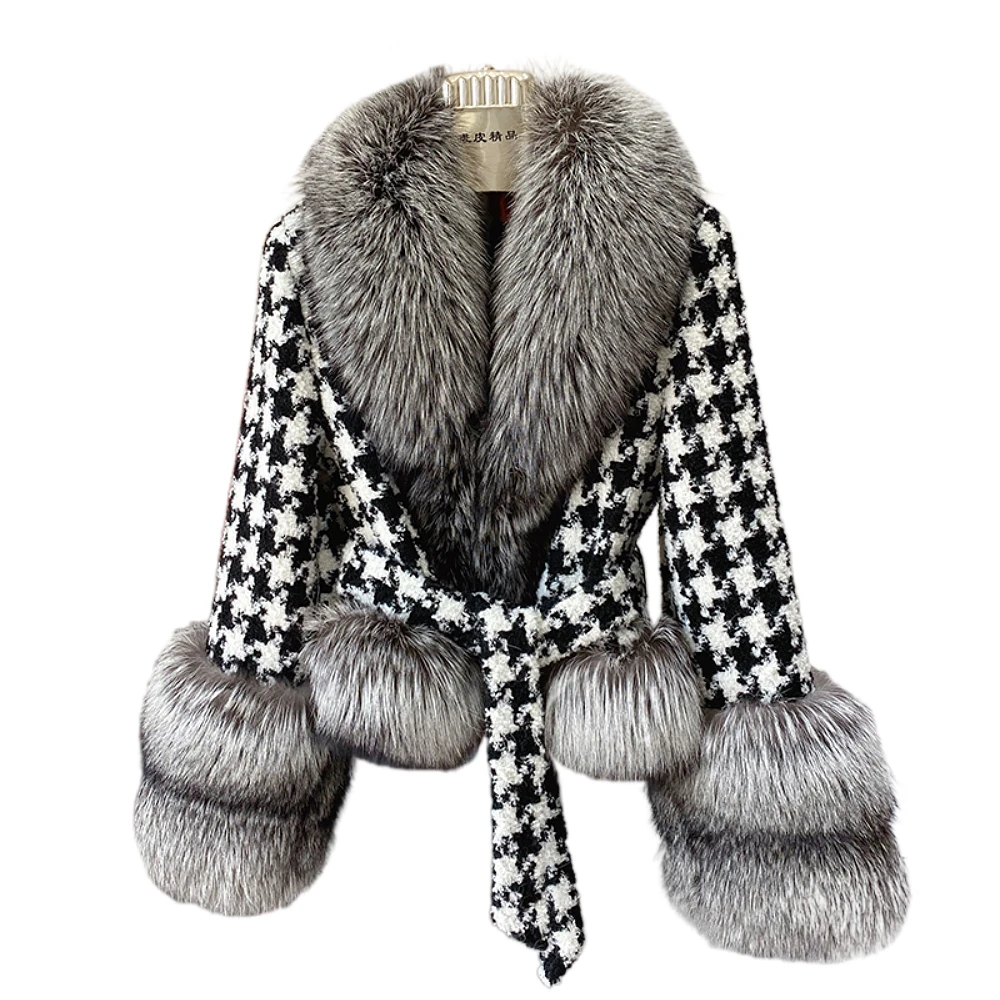 Zdfurs * 2021 outono e inverno casaco de pele feminina houndstooth colarinho curto prata raposa corte de pele moda roupas femininas