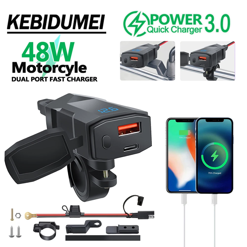

KEBIDUMEI 48W PD+QC3.0 Motorcycle Handlebar Phone Charger Waterproof Dual Ports Fast Charging Power Adapter 2 Ways Installation